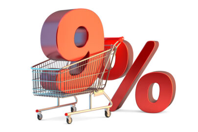 Shopping cart with 9% discount sign. 3D illustration. Isolated. Contains clipping path - slon.pics - free stock photos and illustrations