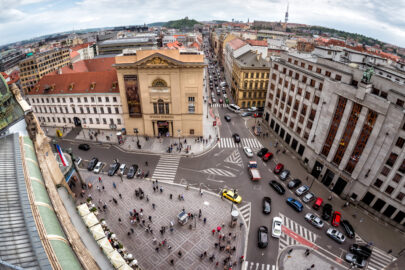 Elevated view of the K-shape crossroad in Republic Square in Prague, Czech Republic - slon.pics - free stock photos and illustrations