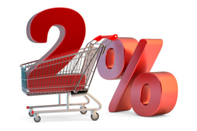 Shopping cart with 2% discount sign. 3D illustration. Isolated. Contains clipping path - slon.pics - free stock photos and illustrations