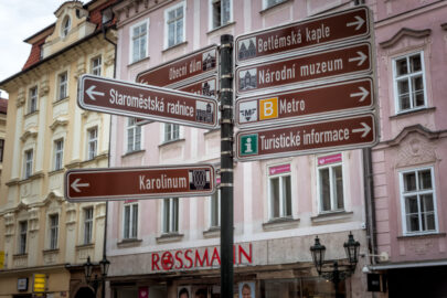 Tourist signpost showing directions to popular attractions of Prague. Czech Republic - slon.pics - free stock photos and illustrations