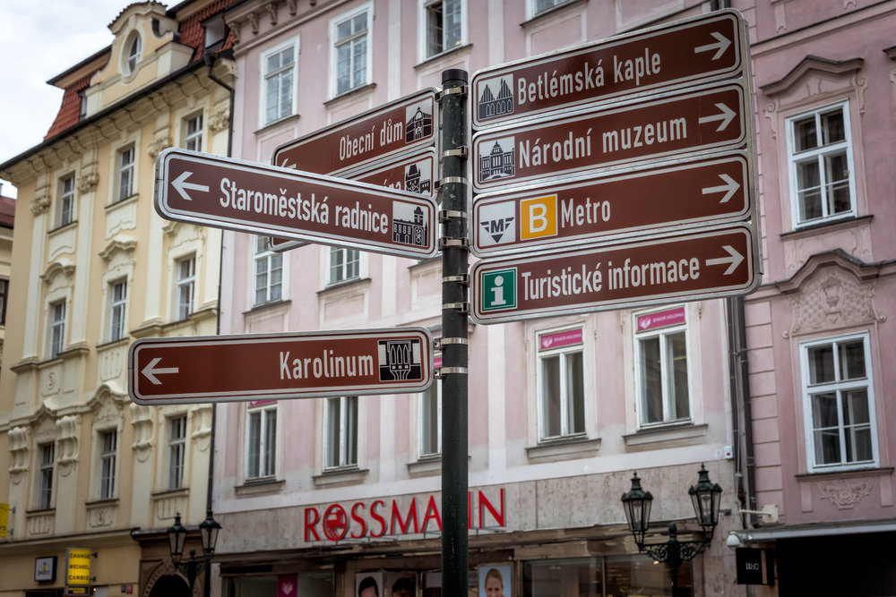 Tourist signpost showing directions to popular attractions of Prague. Czech Republic