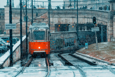 Tram on city railroad on a cold winter’s day - slon.pics - free stock photos and illustrations